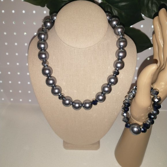 Gray Beaded Necklace Bracelet Set/Statement Necklace/Large bead Necklace - Picture 1 of 5